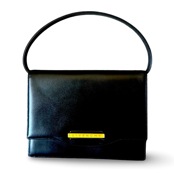 Givenchy Maroquinerie Black Leather Handbag Curved Handle Logo Exterior Clean - Picture 1 of 13
